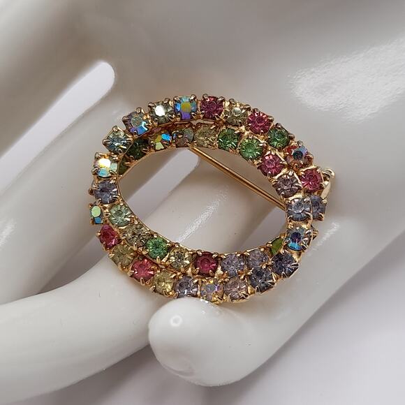 Vintage AB Pastel Prong Set Glass Rhinestone Oval Brooch, URANIUM Glass, 1 1/4" - Picture 3 of 10